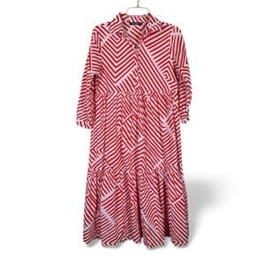 Monoprix Femme Red White Striped Tiered Midi Dress Womens S Prairie Boho Casual